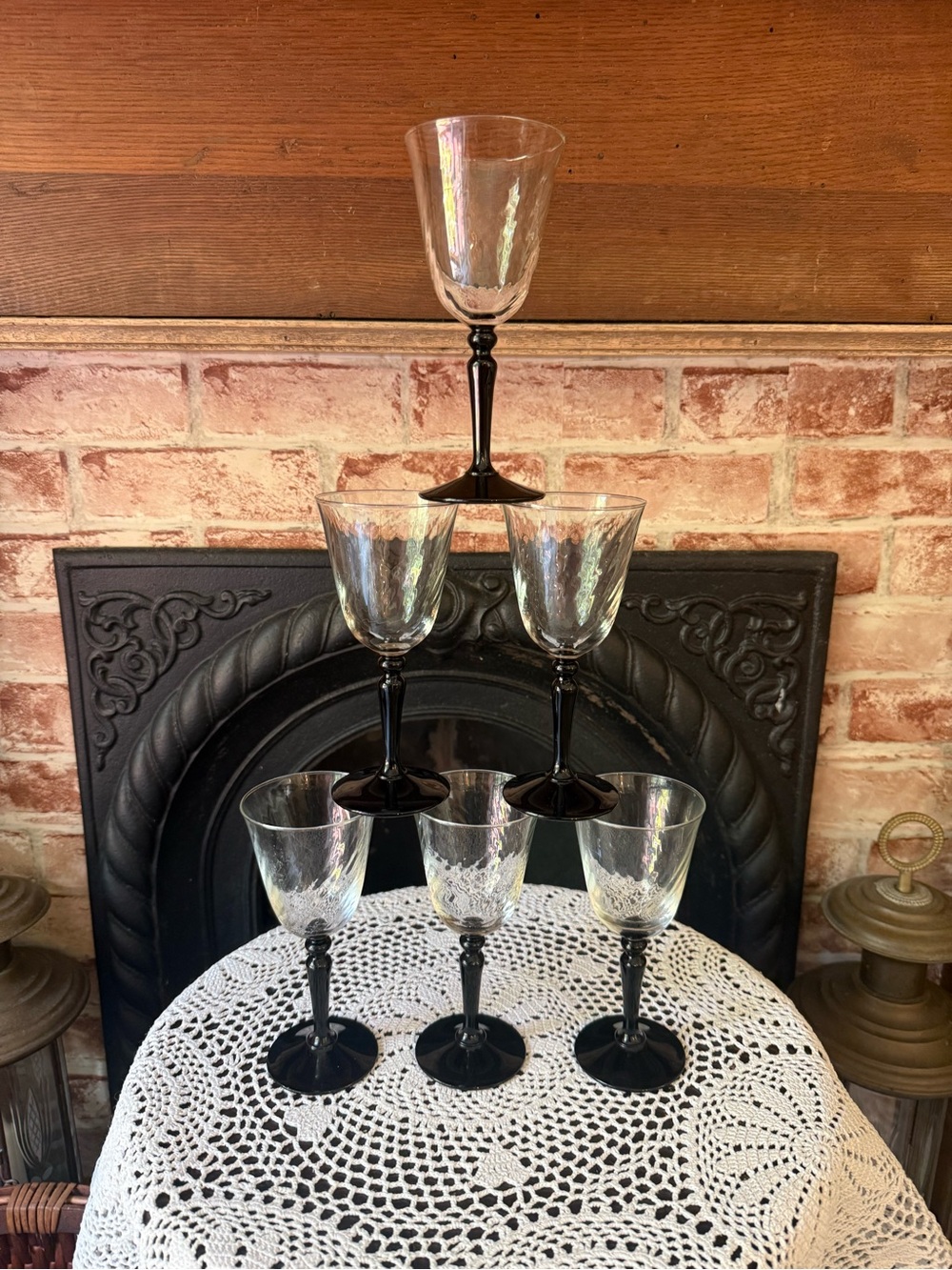 Set of 6 Clear Crystal Wine Glasses with Black Stems
